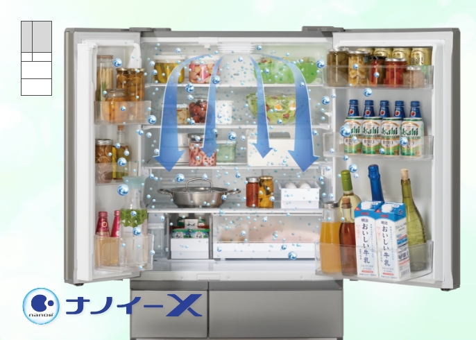 冷蔵室の画像とナノイーXのロゴマークです