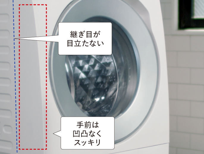 洗濯機側面の拡大写真。継ぎ目が目立たず手前は凹凸が見えないためスッキリ。