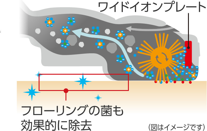 ワイドイオンプレートの説明イラスト：フローリングの菌も効果的に除去