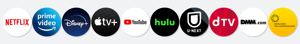 Neflix、prime video、ディズニープラス、AppleTV＋、YouTube、Hulu、dTV、U-NEXT、dTV、DMM.com、ベルリンフィルハーモニー
