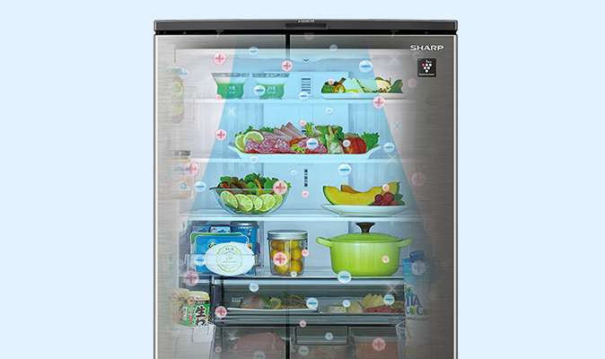 SJ-MF43Kプラズマクラスター集中シャワーモードで冷蔵室内を清潔にするイメージ